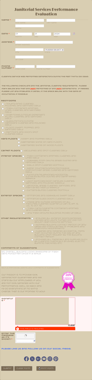 Janitorial Services Performance Evaluation Form Template