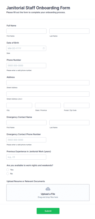 Janitorial Staff Onboarding Form Template