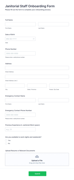 Janitorial Staff Onboarding Form Form Template