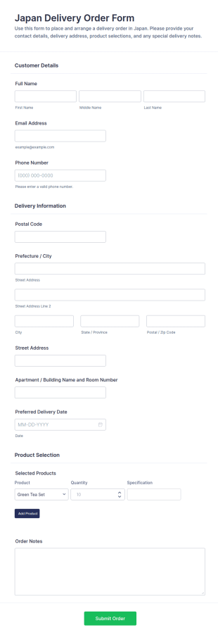Japan Delivery Order Form Template