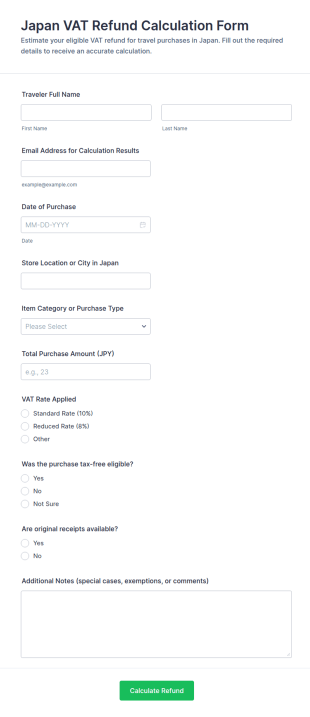 Japan VAT Refund Calculation Form Template