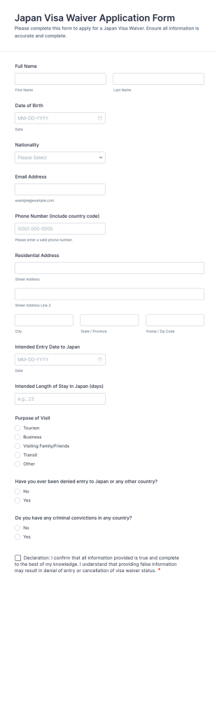 Japan Visa Waiver Application Form Template