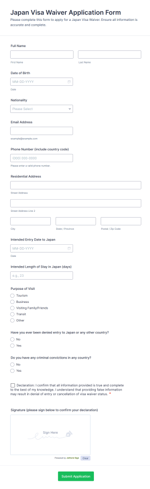 Japan Visa Waiver Application Form Template