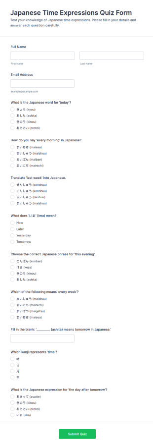 Japanese Time Expressions Quiz Form Template