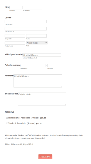 Jäsenyyden Rekisteröintilomake PayPal