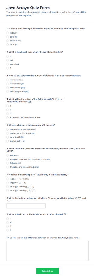 Java Arrays Quiz Form Template