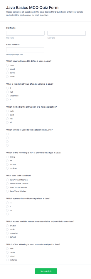 Java Basics MCQ Quiz Form Template