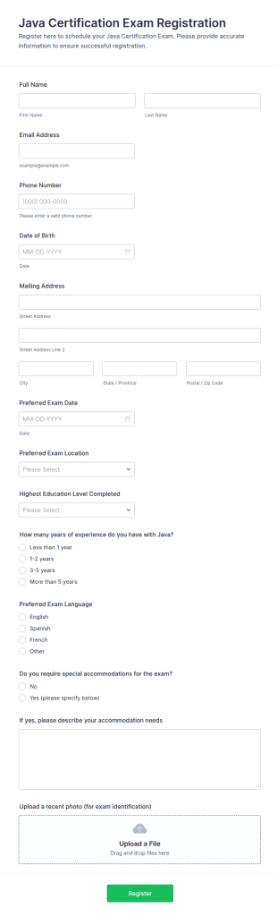 Java Certification Exam Registration Form Template