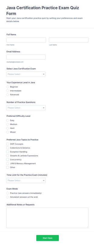 Java Certification Practice Exam Quiz Form Template