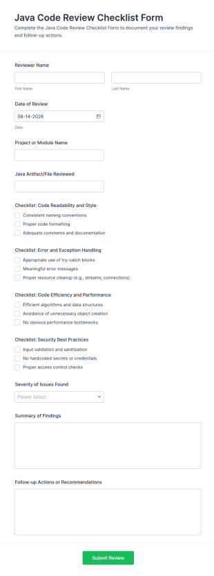 Java Code Review Checklist Form Template