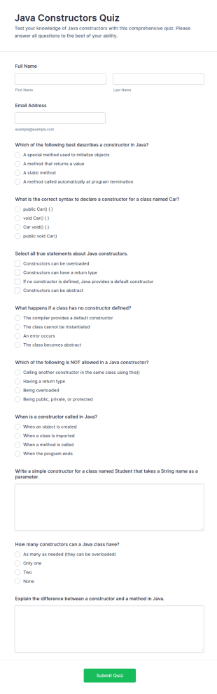 Java Constructors Quiz Form Template