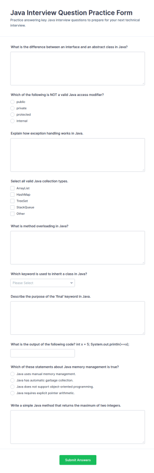 Java Interview Question Practice Form Template