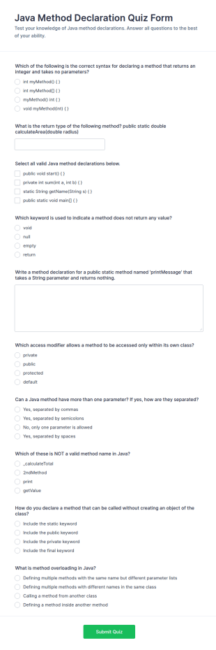 Java Method Declaration Quiz Form Template