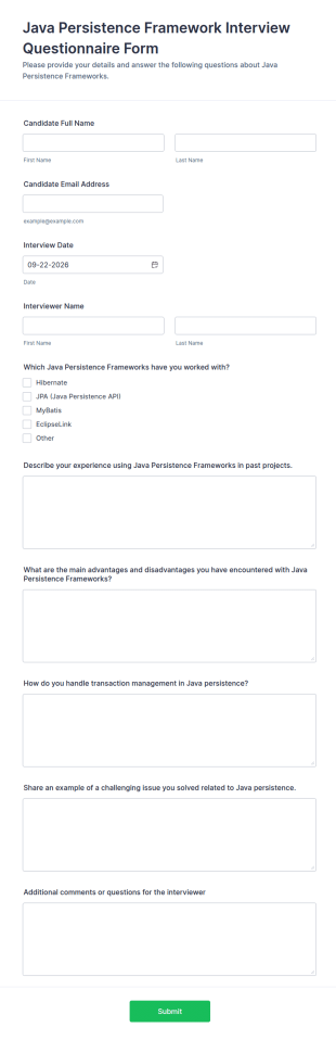 Java Persistence Framework Interview Questionnaire Form Template