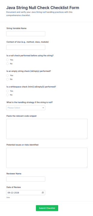 Java String Null Check Checklist Form Template