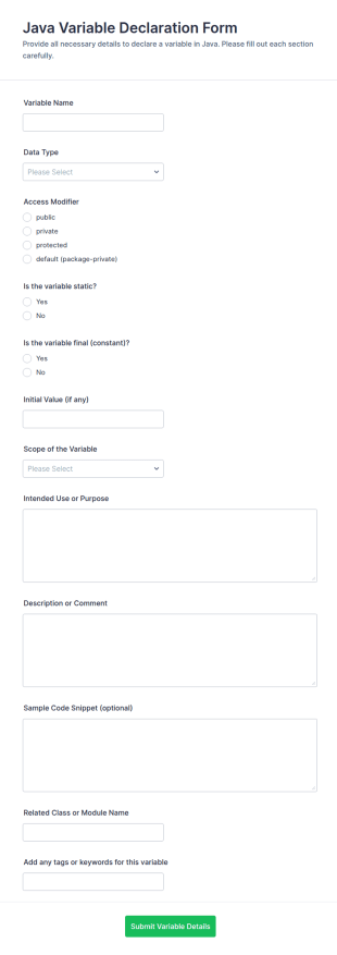 Java Variable Declaration Form Template