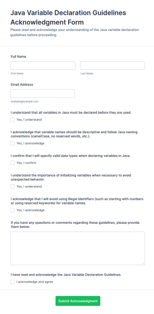 Java Variable Declaration Guidelines Acknowledgment Form Template