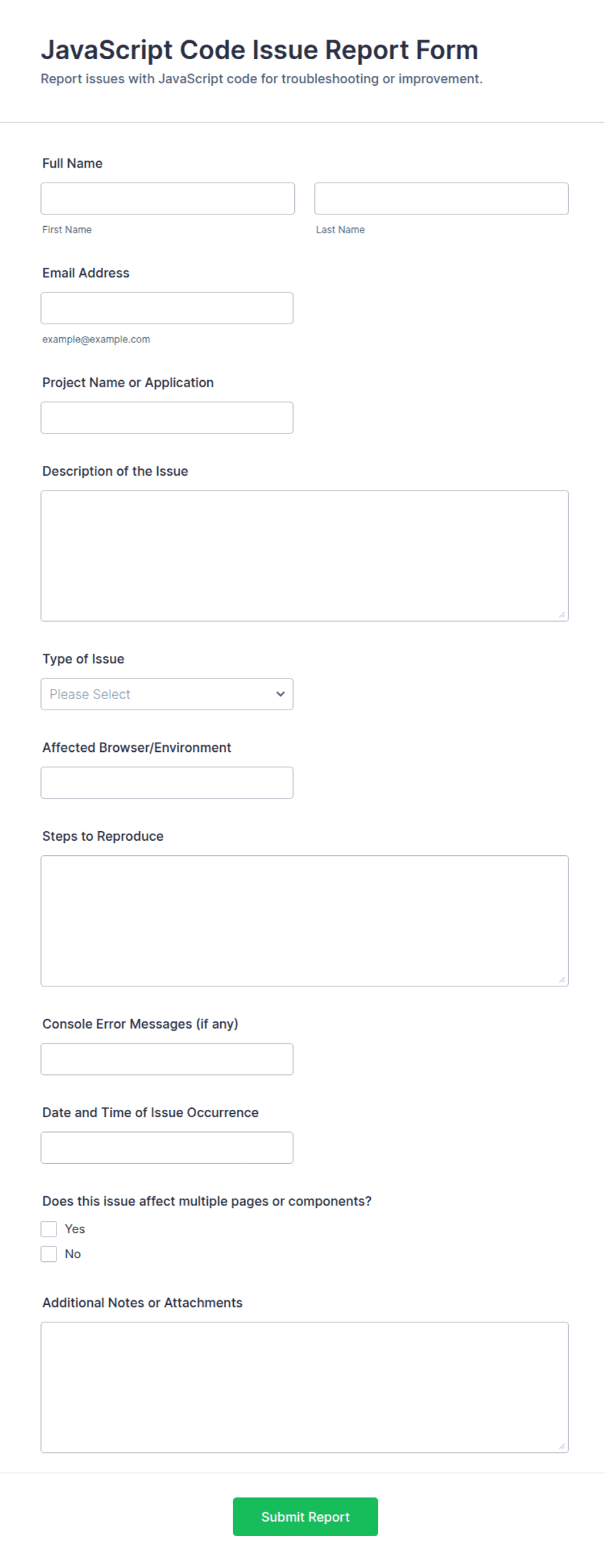 JavaScript Code Issue Report Form Template | Jotform