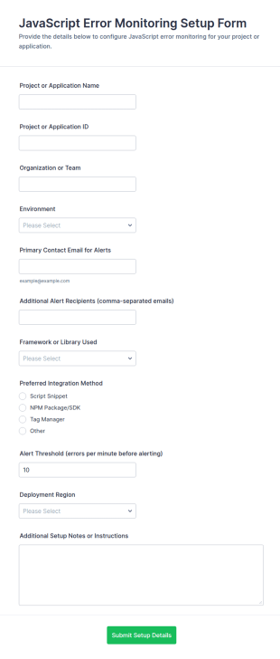 JavaScript Error Monitoring Setup Form Template