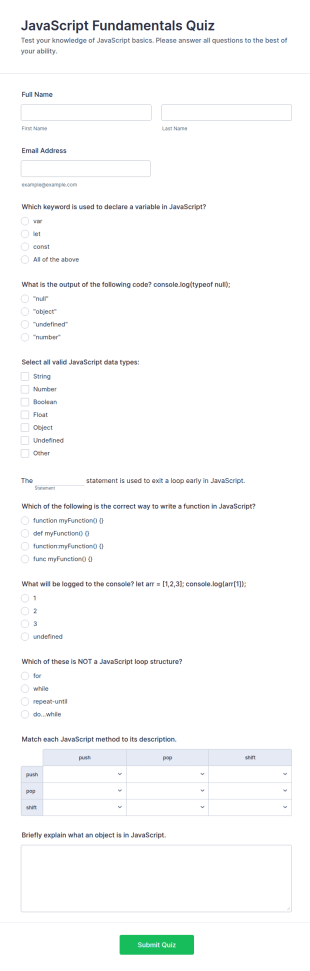 JavaScript Fundamentals Quiz Form Template