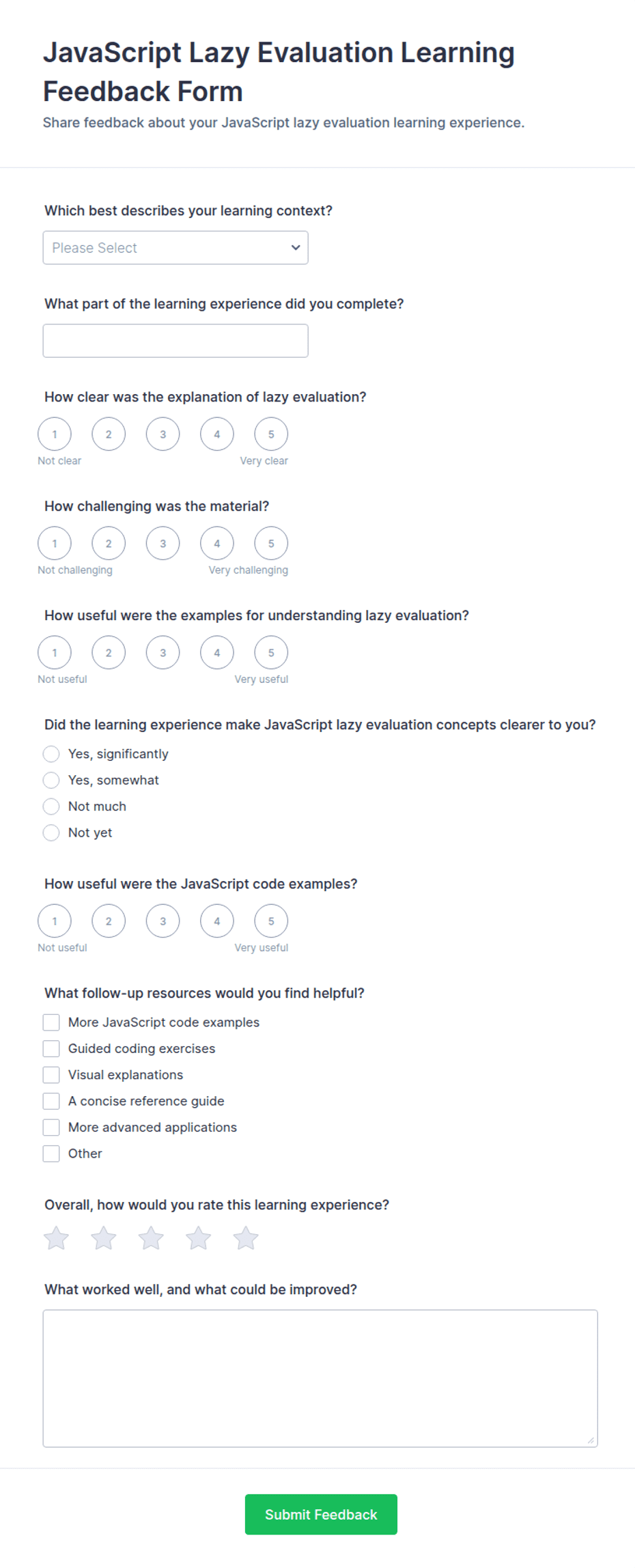 JavaScript Lazy Evaluation Learning Feedback Form Template | Jotform