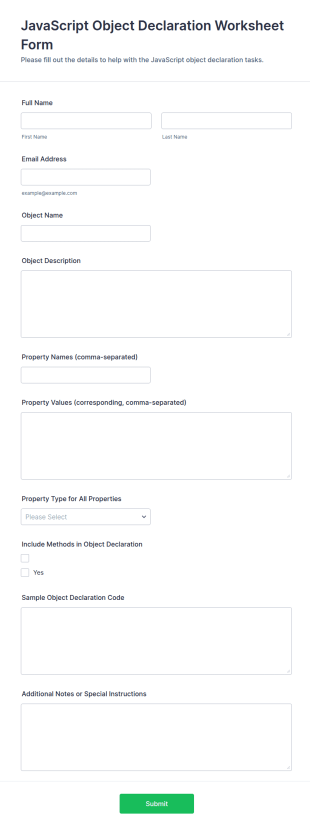 JavaScript Object Declaration Worksheet Form Template
