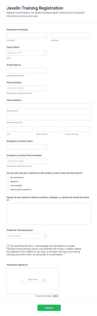 Javelin Training Registration Form Template