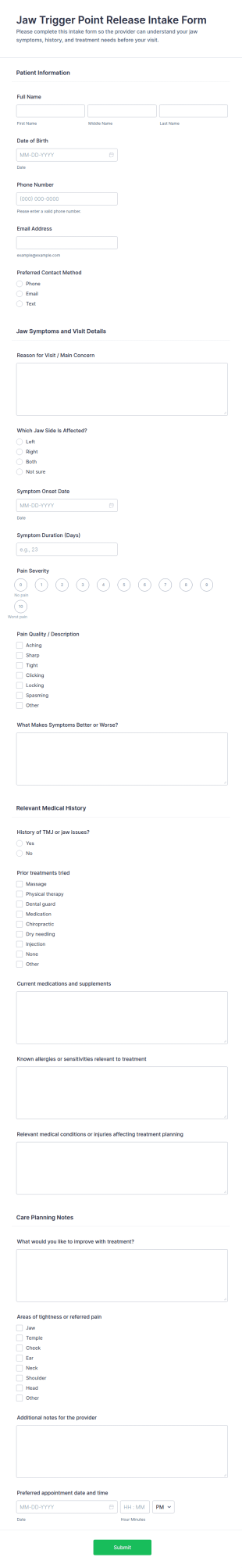 Jaw Trigger Point Release Intake Form Template