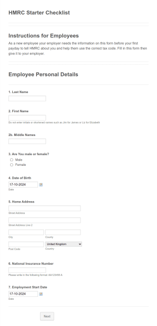 Jax HMRC Starter Checklist Form Template