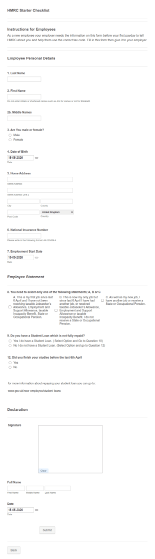 Jax HMRC Starter Checklist Form Template