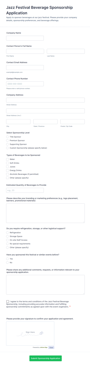 Jazz Festival Beverage Sponsorship Application Form Template