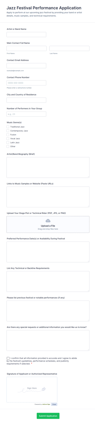 Jazz Festival Performance Application Form Template