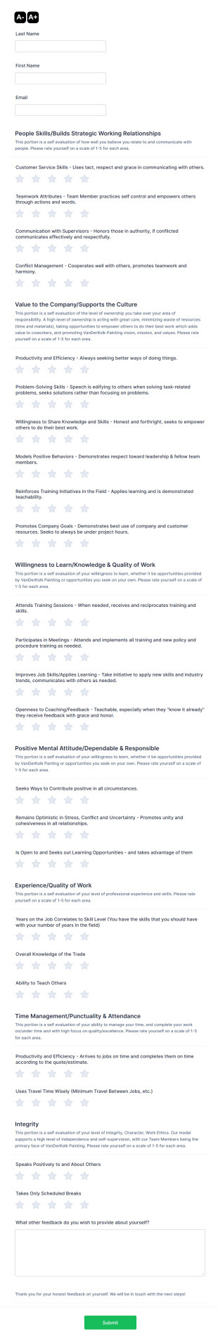 Employee Self Evaluation Review Form Template