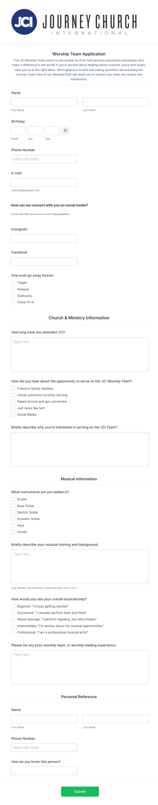 Worship Team Application Form Template