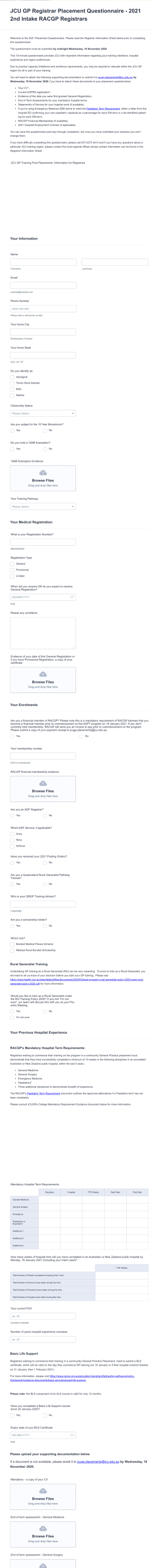 Registrar Placement Questionnaire Form Template