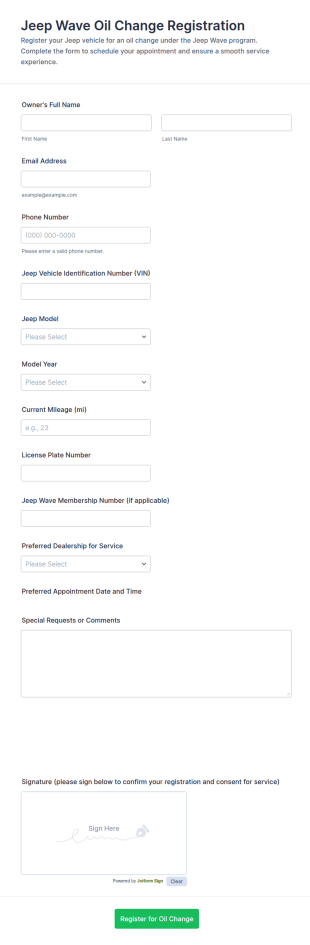 Jeep Wave Oil Change Registration Form Template