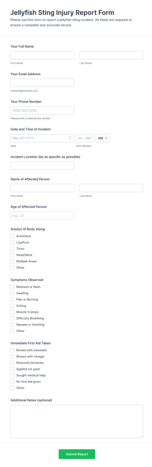Jellyfish Sting Injury Report Form Template