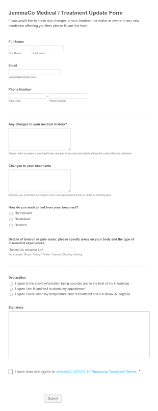 JemmaCo Medical/ Treatment Update Form Template