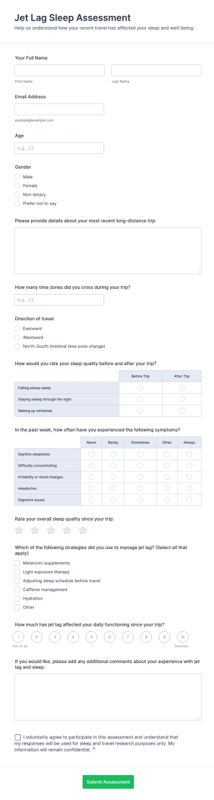 Jet Lag Sleep Assessment Form Template