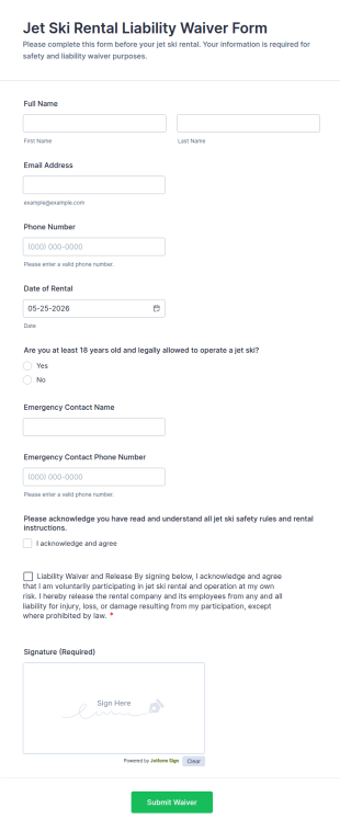 Jet Ski Rental Liability Waiver Form Template
