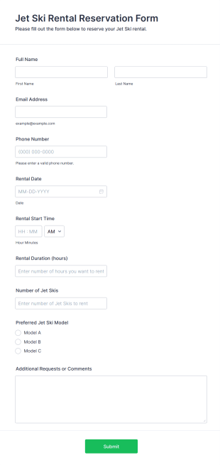Jet Ski Rental Reservation Form Template