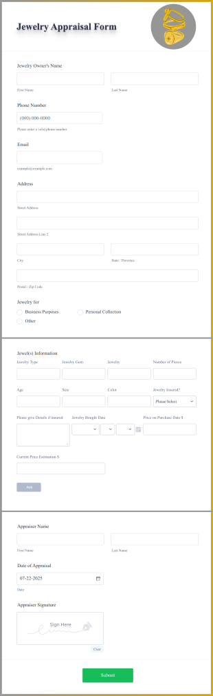 Jewelry Appraisal Form Template