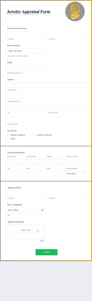 Jewelry Appraisal Form Template