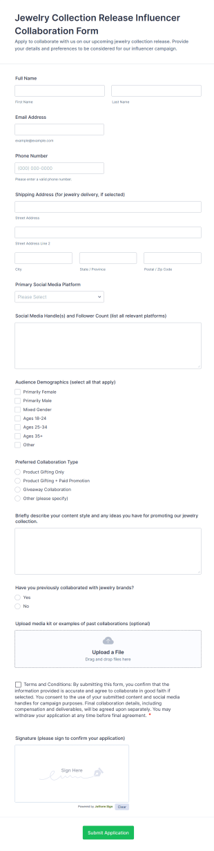 Jewelry Collection Release Influencer Collaboration Form Form Template