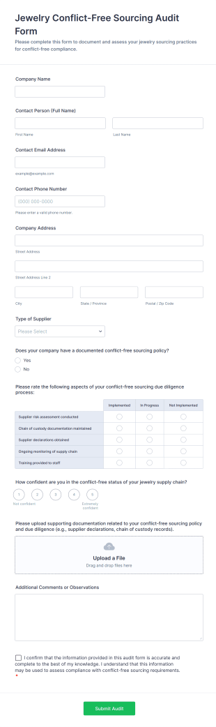 Jewelry Conflict Free Sourcing Audit Form Form Template