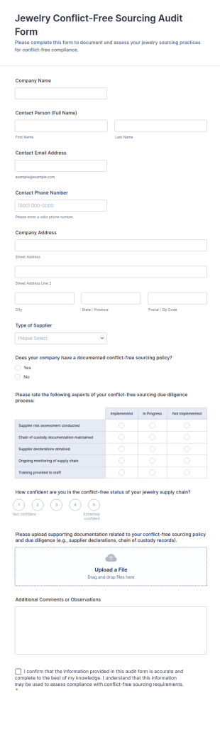 Jewelry Conflict Free Sourcing Audit Form Template