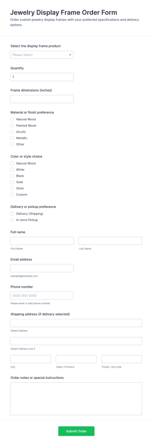 Jewelry Display Frame Order Form Template