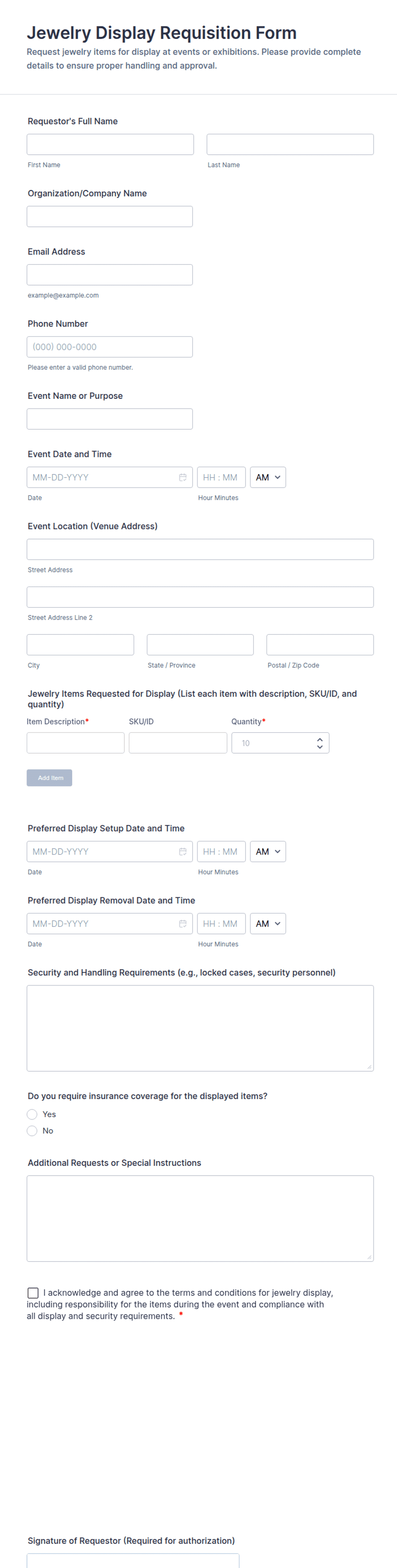 Jewelry Display Requisition Form Template | Jotform