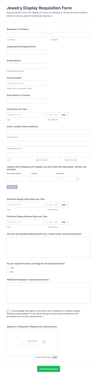 Jewelry Display Requisition Form Template