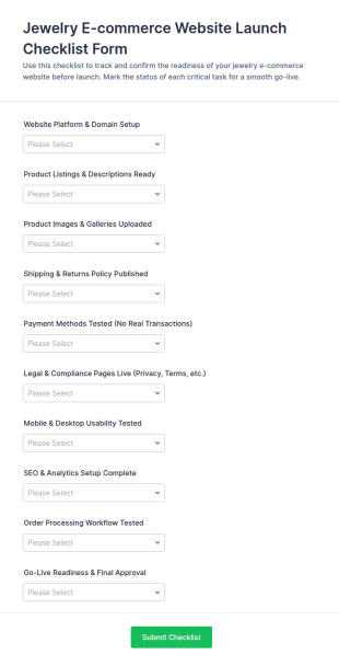 Jewelry E Commerce Website Launch Checklist Form Template